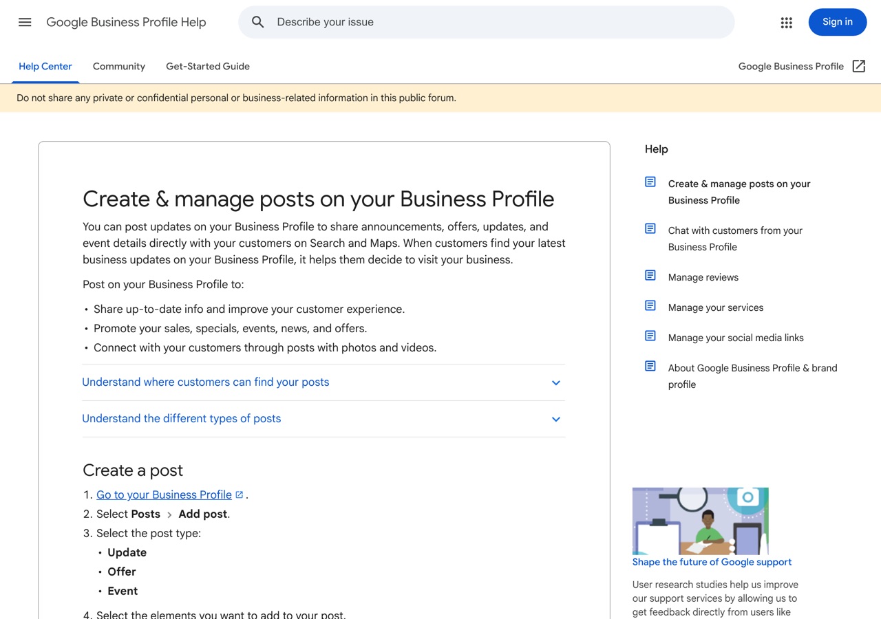 Screenshot of GBP Help — Create & manage posts