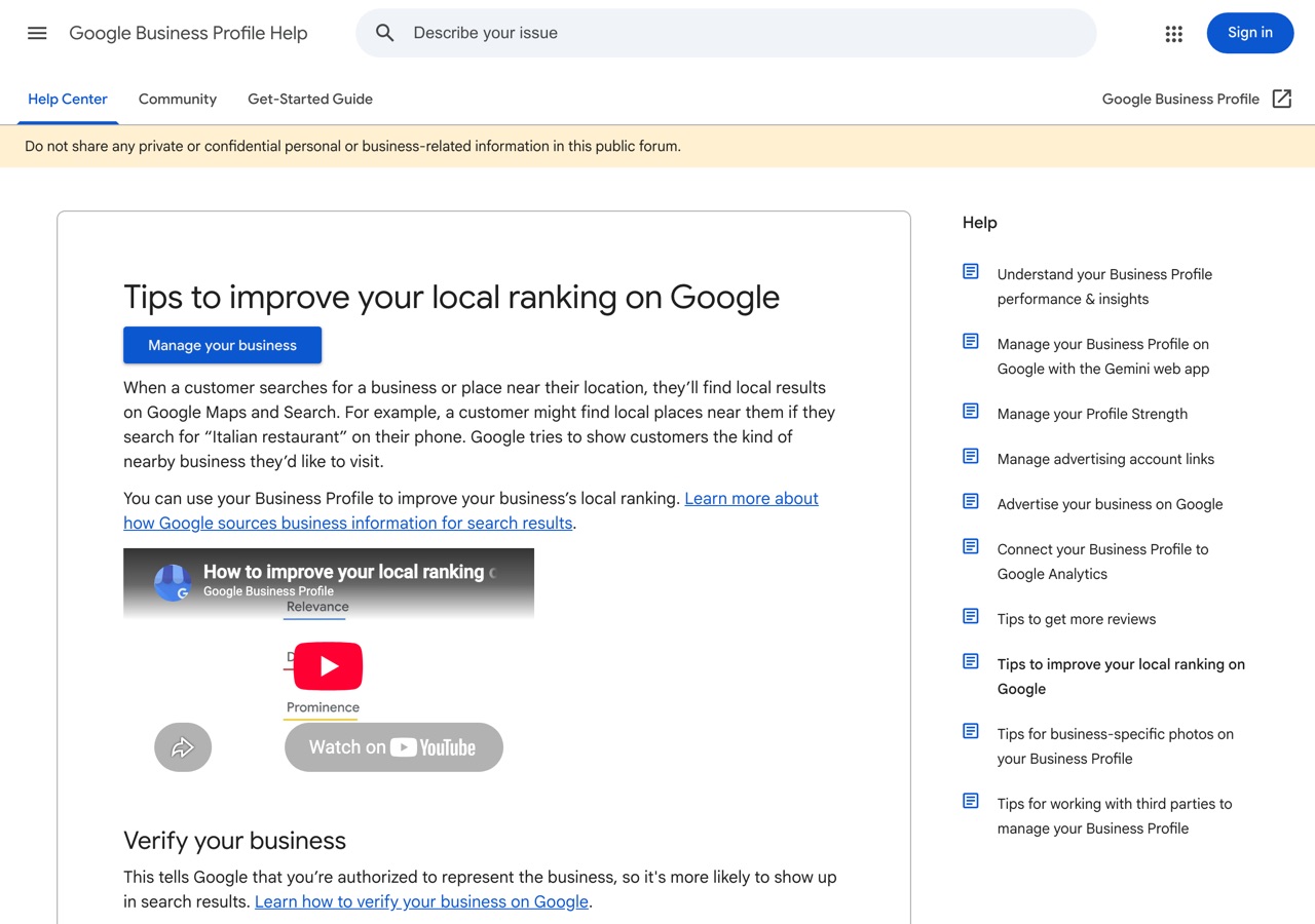 Screenshot of GBP Help — Improve your local ranking