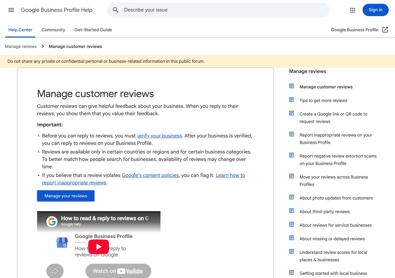 Screenshot of GBP Help — Manage reviews