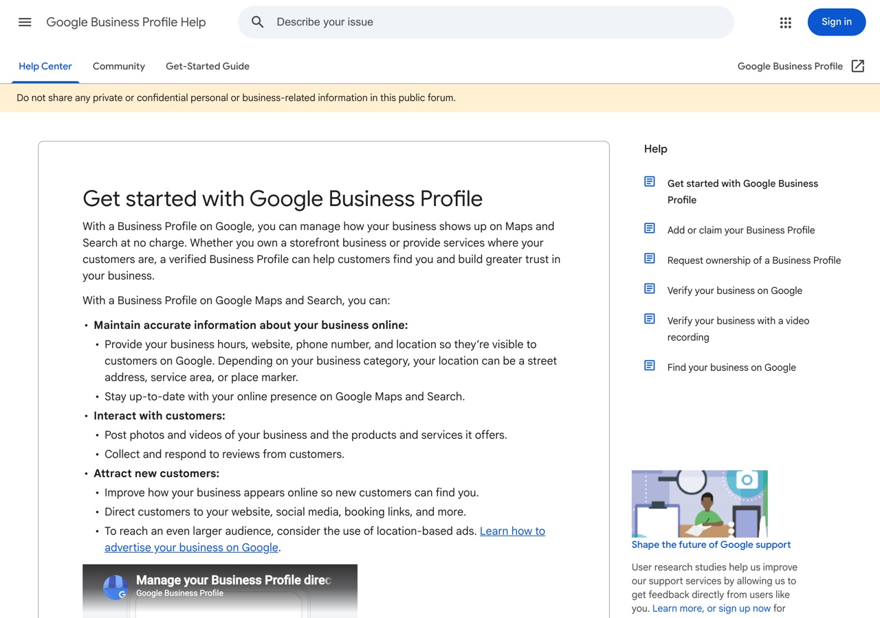 Screenshot of Google Business Profile Help — Get started