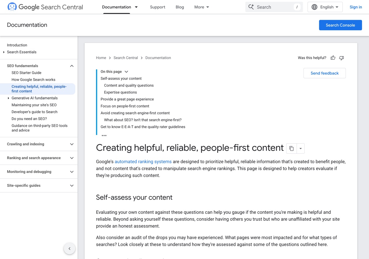 Screenshot of Google — Helpful content guidance