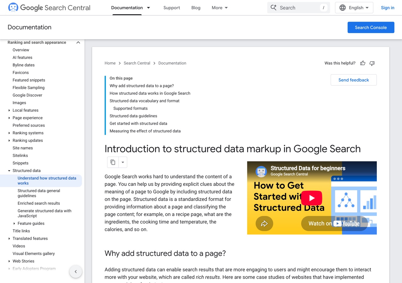 Screenshot of Google — Structured data intro