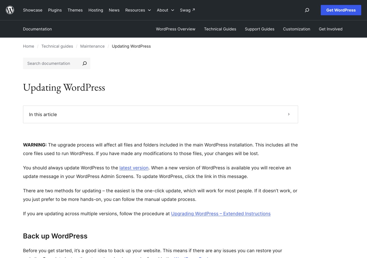 Screenshot of WordPress.org — Updating WordPress